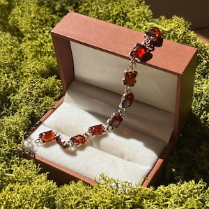 Handcrafted Amber Rectangle Link Bracelet in Sterling Silver, Deep Red Baltic Amber Tennis Bracelet