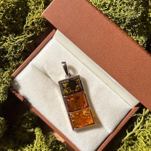 Handcrafted Rectangular Multi-Color Amber Pendant | 925 Sterling Silver Modernist Bar