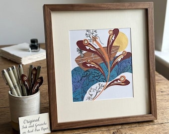Original Ink and Gouache Illustration: Wooden Vessel, Deep Sea Waves, Burgundy Gold Accents