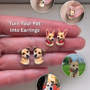 Puede incluir: Pendientes con diseño de perro, con el texto "Turn Your Pet Into Earrings". Los pendientes tienen forma de cabeza de perro, con pelaje marrón y beige y un collar rojo. La imagen también muestra fotos del perro.