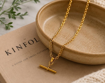 Minimalist Gold T Bar Pendant Necklace, Stainless Steel Dainty Gold Necklace, Gift for Her, Tarnish Resistant Everyday Jewelry