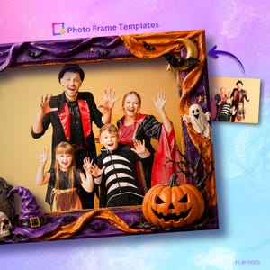 Cornice per foto di Halloween, modello modificabile per Canva, con design spettrale di fantasma e zucca, download digitale PNG personalizzato, cornice con fantasma carino.