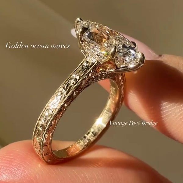 3 CT Marquise Cut Lab gewachsen Diamant-Verlobungsring | Vintage Blumen graviertes Band | Art Deco Solitaire Ring | Silber-Ehering