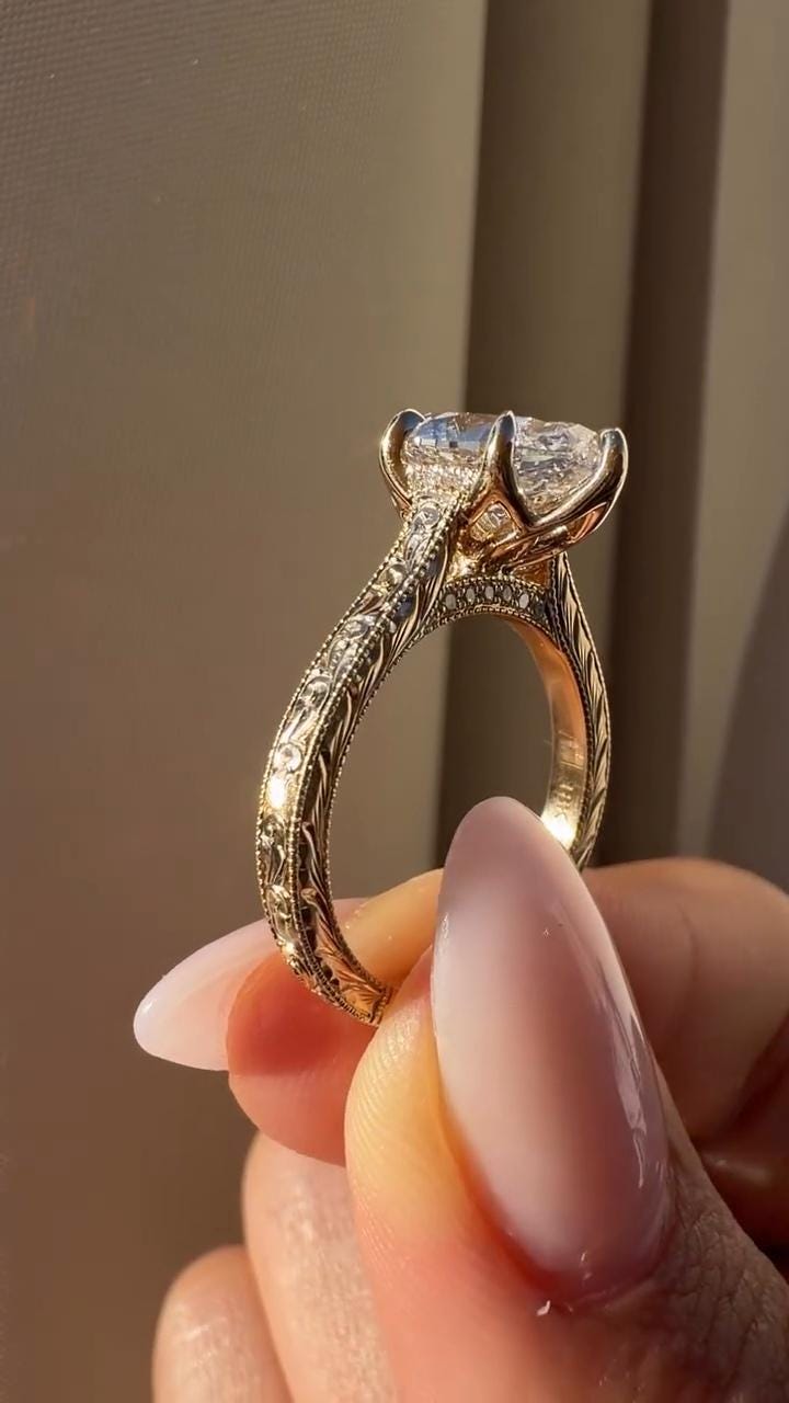 Hand Engraved Oval Engagement Ring - Etsy