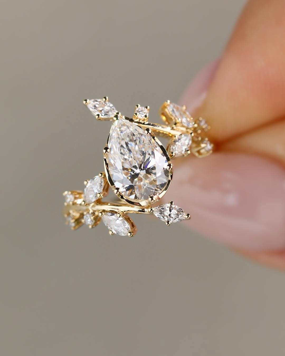 3 CT Pear Cut Lab Grown Diamond Engagement Ring, Nature Inspired Bridal ...