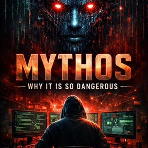 Può includere: Copertina del libro con il titolo "Mythos" in arancione, con il sottotitolo "Why It Is So Dangerous". In alto c'è un volto digitale con occhi rossi. Una persona con una felpa con cappuccio è seduta a una scrivania con schermi di computer.