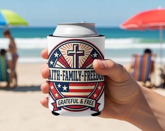 Enfriador de latas Faith Family Freedom, portavasos con bandera estadounidense desgastada, enfriador de bebidas Grateful Christian