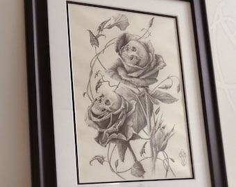 Martinefa's original drawing, presented in a custom frame - "SKULLS ROSES" - unique piece