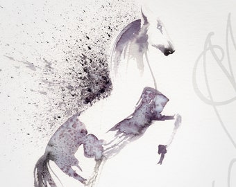Martinefa es Original Aquarell und Tinte, in handgemaltem Rahmen präsentiert - Pferd "Cheval-1"
