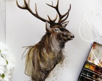 Martinefa's Original watercolor and Ink "Cerf" - (Deer)