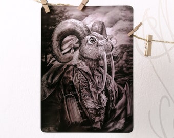 Large format postcard of a drawing by Martinefa "ZOOMORPHE PALÉOGRAPHE" - Strange portrait of a very special animal, 14.6 x 20.9 cm (A5)