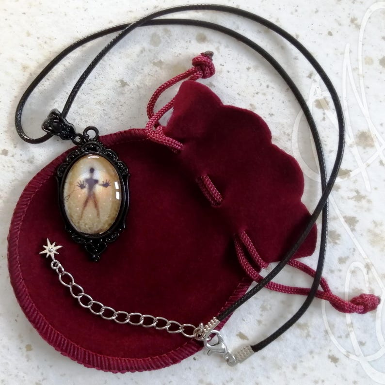 Puede incluir: Collar con colgante ovalado negro con dise&ntilde;o de silueta. El colgante est&aacute; engastado en un marco de filigrana negro y cuelga de un cord&oacute;n negro. Tambi&eacute;n se incluye una cadena plateada con un dije de estrella y una bolsa de terciopelo rojo.
