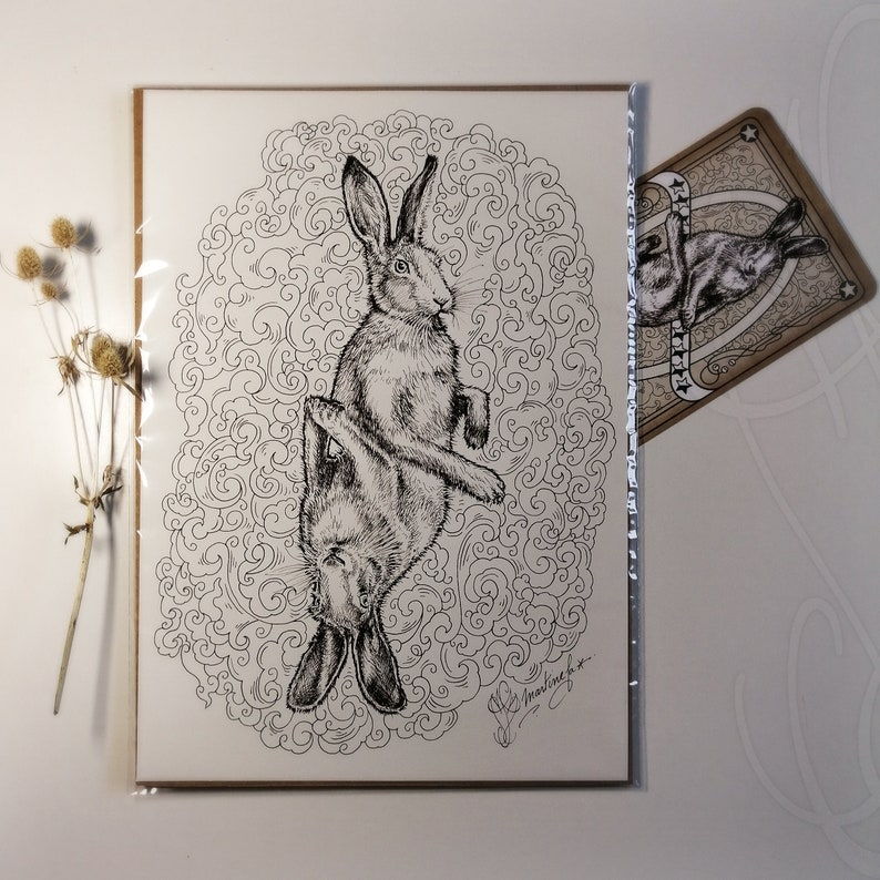 K&ouml;nnte beinhalten: Schwarz-Wei&szlig;-Illustration eines Hasen, mit detailliertem Zeichenstil. Der Hase ist kopf&uuml;ber, vor einem wirbelnden Hintergrund. Eine kleinere Karte mit einem &auml;hnlichen Hasen-Design ist sichtbar.