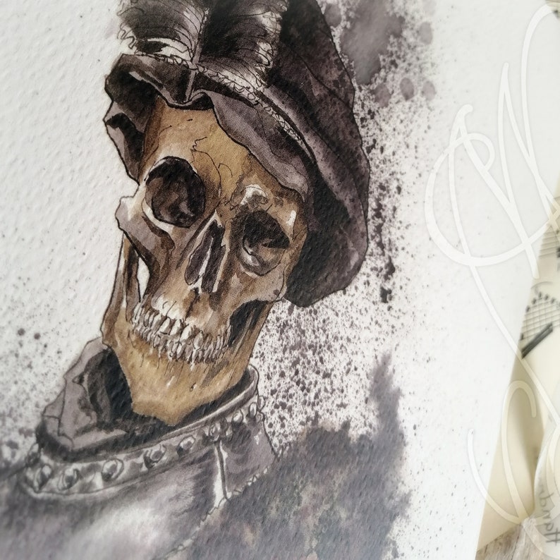 May include: Watercolor painting of a skull wearing a black hat and armor. The skull is rendered in shades of brown and tan, with dark shadows and highlights. The armor is gray with silver studs. The background has gray paint splatters.