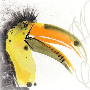 May include: Watercolor painting of a toucan's head. The bird features a large orange beak with black markings, a yellow head, and a black spiky crest. The background has gray splatters and a white backdrop.