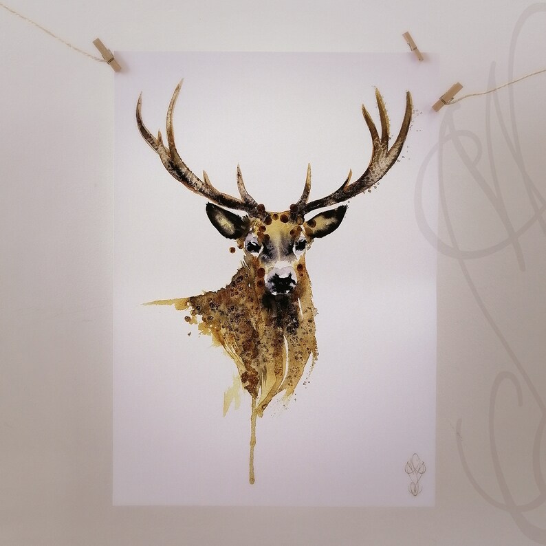 May include: Watercolour painting of a deer with large antlers. The artwork features shades of brown and gold, with a focus on the deer's head and upper body. The painting is displayed on white paper, held by wooden pegs.