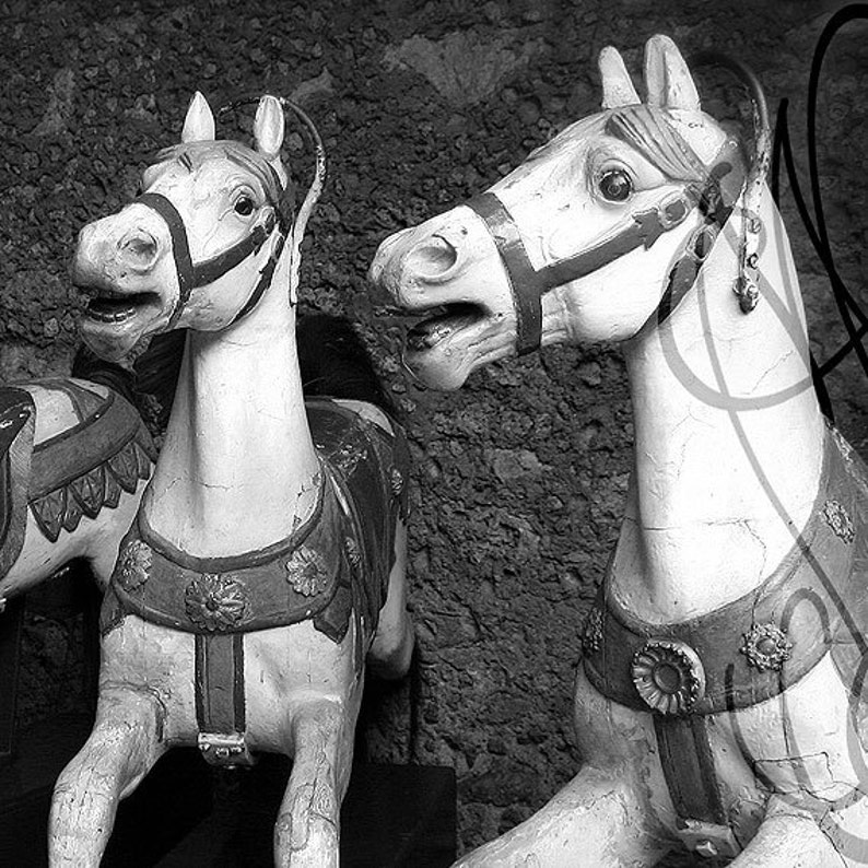 May include: Black and white image of carousel horses. The horses are painted white with dark accents on the bridles and saddles. The horses have detailed carvings and floral designs on their saddles. The background is a textured, dark surface.