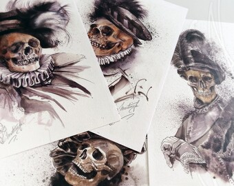 Polyptych of art prints- Martinefa's paintings "MÂNES #1-2-3-4" - Portraits of costumed skeletons - 21 x 29,5 cm (A4x4) - Home decoration