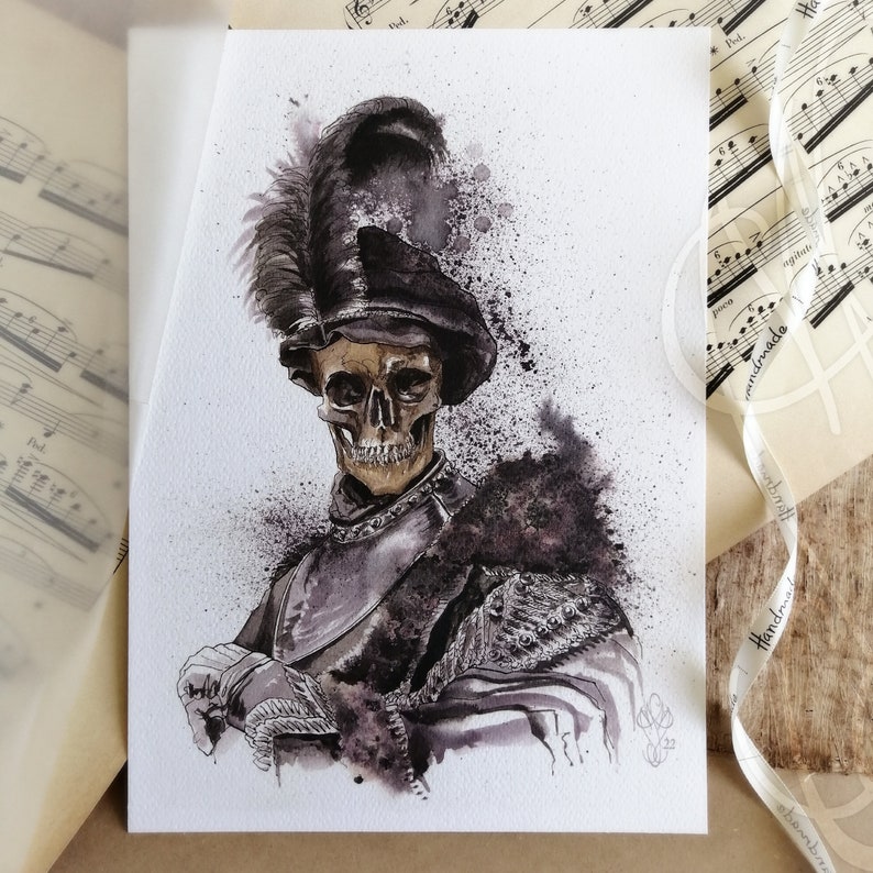 May include: Watercolor painting of a skeleton in a black hat with a feather, wearing a dark suit with a fur collar. The artwork has a vintage aesthetic with splattered ink effects. Musical notes and a ribbon are in the background.