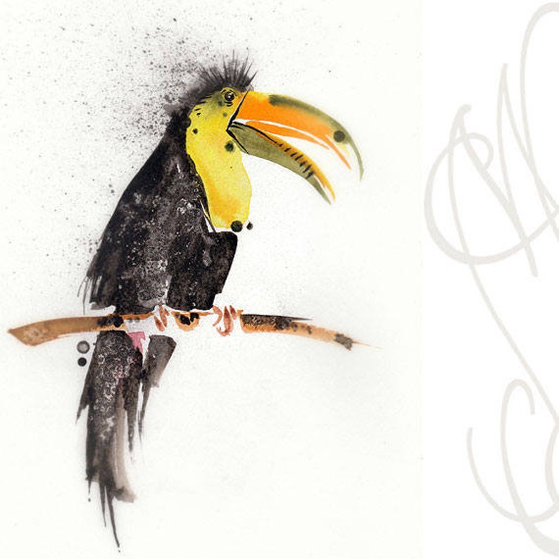 May include: Watercolor painting of a toucan bird perched on a branch. The bird has a large yellow and orange beak, black feathers, and a yellow chest. The background is white with black paint splatters.