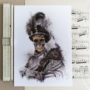 May include: Watercolor painting of a skeleton in a black hat with a feather, wearing armor. The artwork has a dark, gothic theme with black ink splatters. A slide rule is on the left.