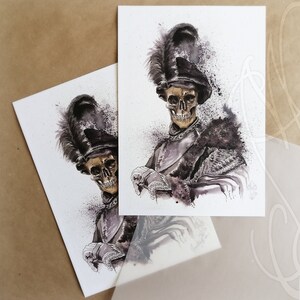 May include: Watercolor illustration of a skeleton in a military uniform with a feathered hat. The artwork features a skull with gold accents, wearing a black uniform with ornate details. The background has ink splatters.
