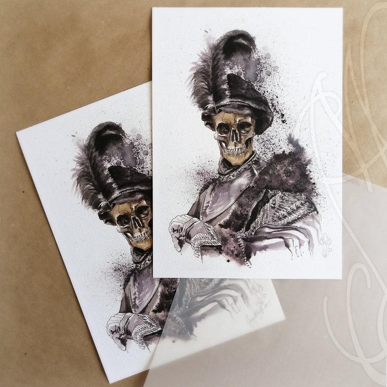 May include: Watercolor illustration of a skeleton in a military uniform with a feathered hat. The artwork features a skull with gold accents, wearing a black uniform with ornate details. The background has ink splatters.