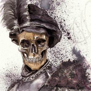May include: Watercolor illustration of a skull wearing a black hat with a feather and a silver-colored armored collar. The skull is tan and the background is white with black and purple paint splatters.