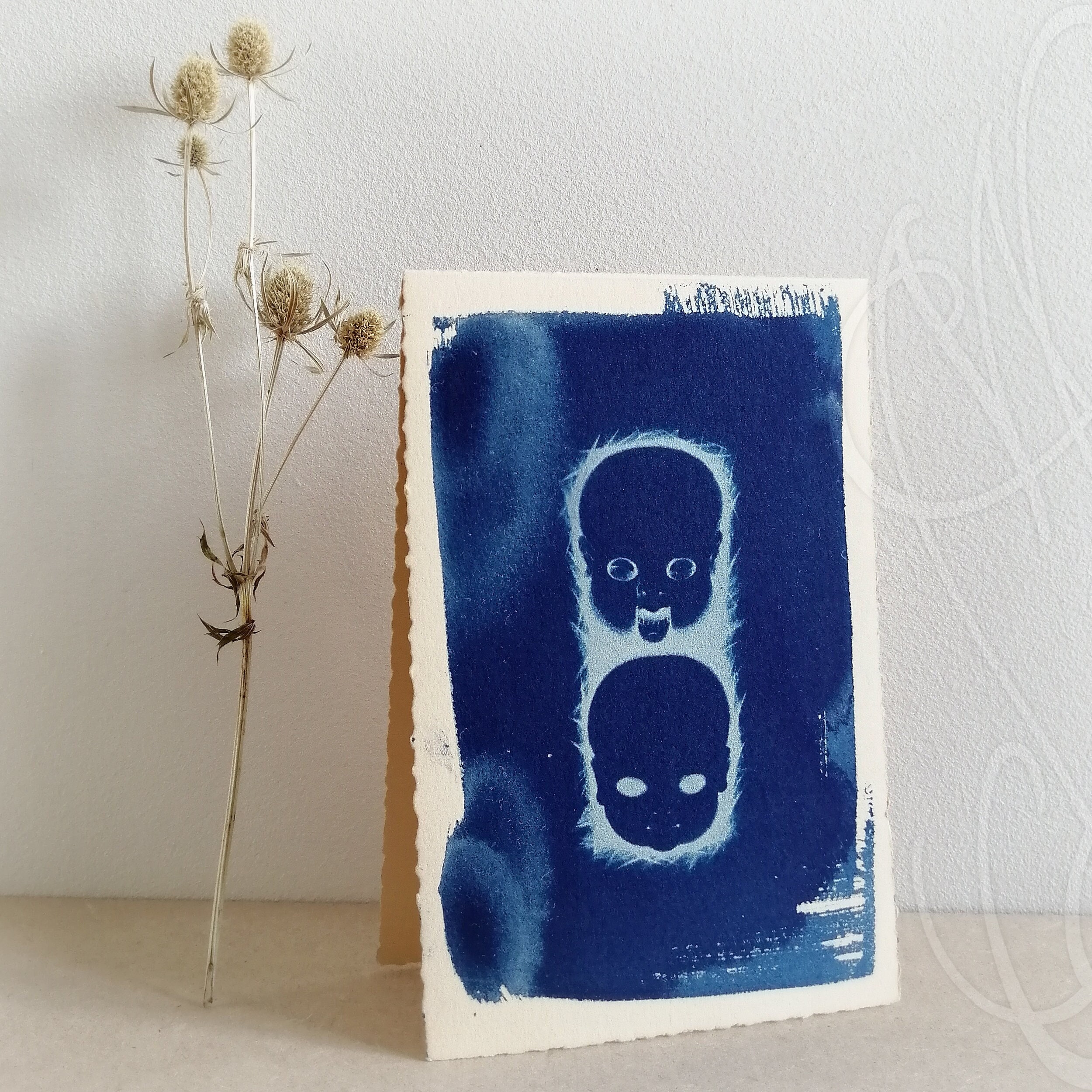 Original cyanotype by Martinefa - "DOLLS" - Unique artistic postcard