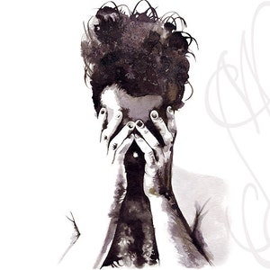 K&ouml;nnte beinhalten: Eine Aquarellillustration in Schwarz- und Graut&ouml;nen zeigt eine Person, die ihr Gesicht mit den H&auml;nden bedeckt. Das dunkle, strukturierte Haar kontrastiert mit den hellen Hautt&ouml;nen, wodurch Tiefe und Emotionen entstehen. Auf wei&szlig;em Hintergrund.