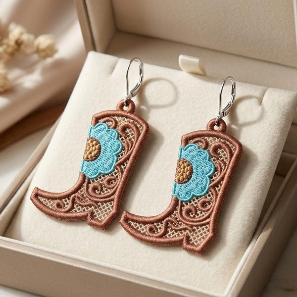 Cowgirl Boots Sunflower Fringe Earrings, Freestanding Lace Embroidery Design (Digital Download)