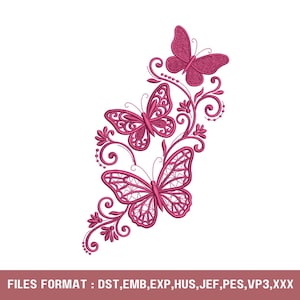 Puede incluir: Diseño bordado en rosa con tres mariposas y elementos florales. Las mariposas tienen patrones de alas detallados y están dispuestas con vides en espiral. El texto en la parte inferior dice "FILES FORMAT : DST, EMB, EXP, HUS, JEF, PES, VP3, XXX".