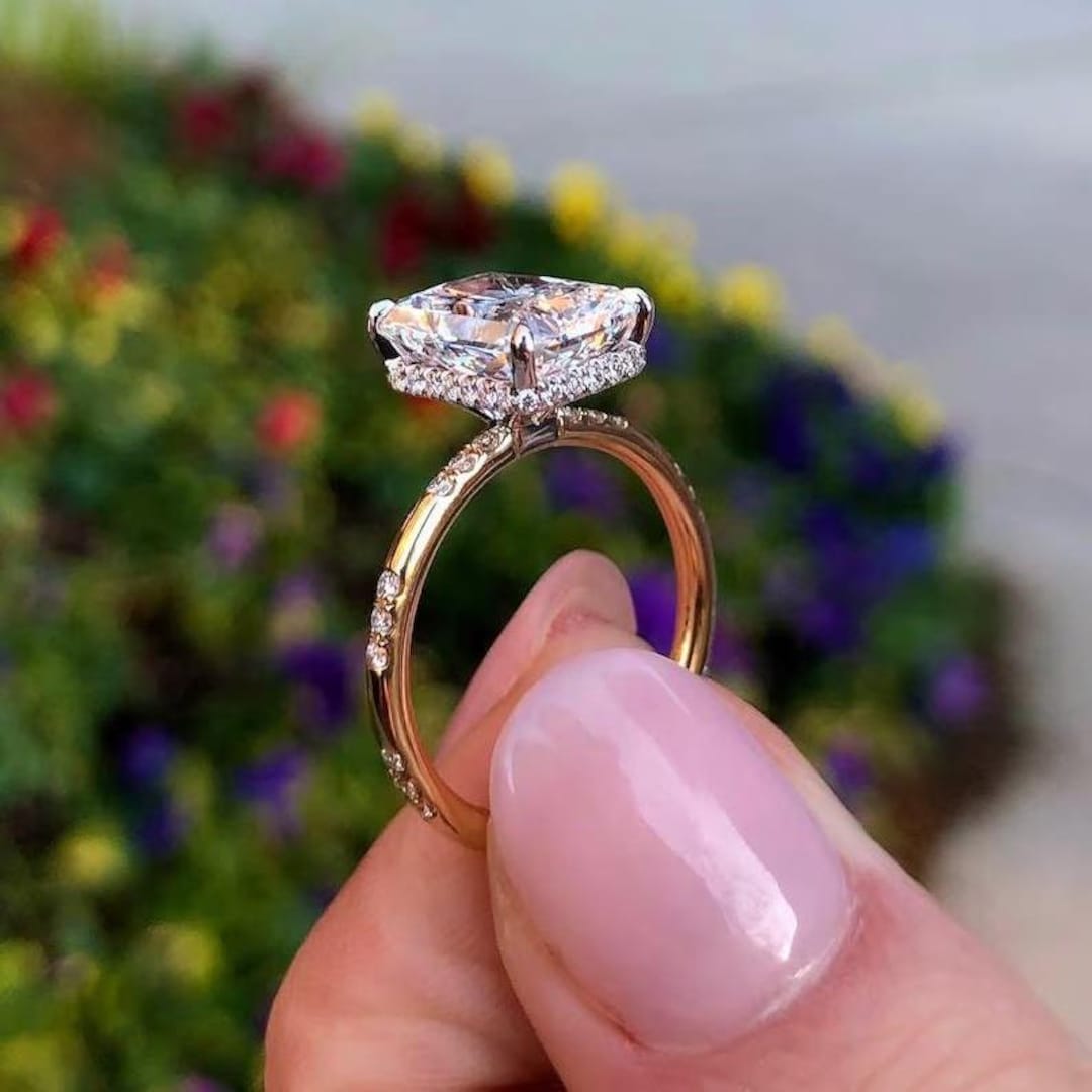 Radiant Cut Moissanite Engagement Ring Hidden Halo Ring 14k Solid Gold ...