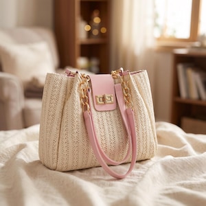 Grass Woven Leather Shoulder Bag – Korean Patchwork Handbag Women, Boho Beach Party Bag, Summer Fashion Gift for Her