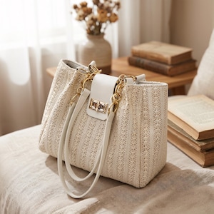 Grass Woven Leather Shoulder Bag – Korean Patchwork Handbag Women, Boho Beach Party Bag, Summer Fashion Gift for Her