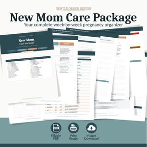 Puede incluir: Un conjunto de documentos PDF imprimibles, el "New Mom Care Package", en un esquema de color verde azulado y blanco. Los documentos incluyen un organizador del embarazo semana a semana, un rastreador de hitos y preguntas del médico. Iconos indican PDF rellenable, listo para imprimir y descarga instantánea.