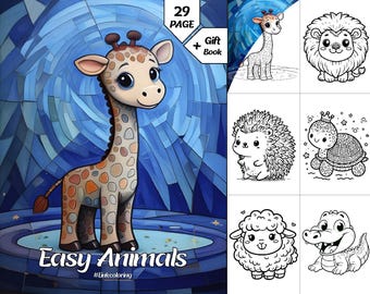 Easy Animals Coloring Book for Kids, 29 Pages, Beginner Workbook (Digital Download)