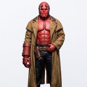 May include: A red-skinned figure with prominent horns, a muscular build, and a goatee. The figure wears a long tan trench coat over black trousers and a belt with a holster. A large, textured red stone-like gauntlet covers the right forearm and hand.