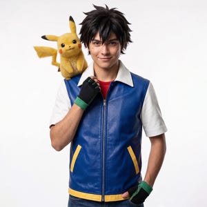Könnte beinhalten: Eine blau-weiße Kurzarmjacke mit Frontreißverschluss, gelben Taschenakzenten und einem gelben Saum. Die Jacke wird über einem roten T-Shirt getragen. Ein gelbes Pikachu-Plüschtier mit schwarz gefärbten Ohren sitzt auf der Schulter.