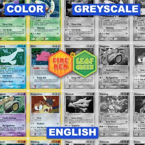 May include: A collection of trading cards featuring various creatures with text, divided into color and grayscale sections. A central hexagonal emblem displays the text Fire Red and Leaf Green. The cards include names like Butterfree, Ditto, Exeggutor, Kangaskhan, Marowak, and Nidoking with listed attacks and HP values.