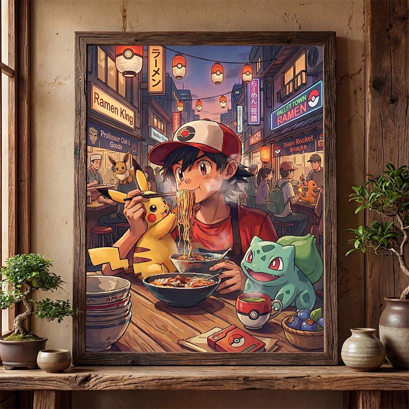 Ash and Pikachu in a Ramen Shop Poster – Pokemon Inspired Wall Art ...