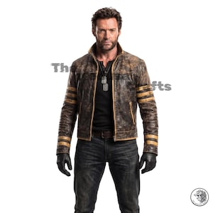 Könnte beinhalten: Eine braune Lederjacke im Used-Look mit Stehkragen, Frontreißverschluss und zwei horizontalen beigen Streifen an jedem Ärmel. Die Jacke wird über einem schwarzen Henley-Shirt mit einer silbernen Erkennungsmarke, dunkler Jeans und schwarzen Handschuhen getragen.