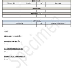 Peut inclure: Document blanc intitulé « TITRE de votre PROCÉDURE » avec des sections pour le logo de l'entreprise, le domaine d'application et la version. Comprend des champs pour l'auteur, la validation et l'approbation.