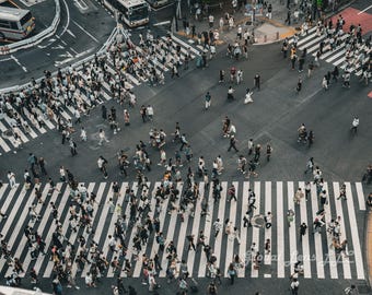 東京・渋谷交差点の壁画、賑やかな街並みの写真（デジタルダウンロード）