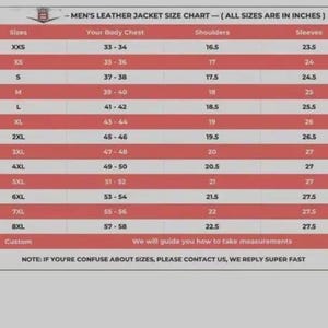 May include: A size chart for men's leather jackets, with measurements in inches. The chart includes sizes from XXS to 8XL, listing body chest, shoulder, and sleeve measurements. Text at the bottom encourages customers to contact for size assistance.