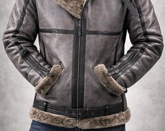 Men’s B3 Shearling Leather Jacket – Brown Aviator Jacket, Winter Fur Lined Coat