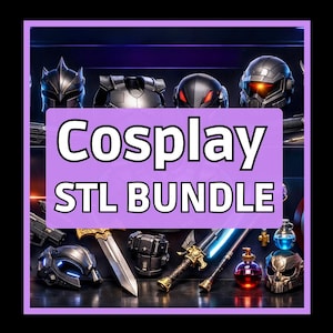Puede incluir: Una colección de artículos de cosplay, que incluyen cascos, armaduras y armas, se muestra sobre una superficie oscura. La imagen presenta una pancarta morada con las palabras "Cosplay STL BUNDLE" en blanco. Los artículos son de varios colores, incluyendo plata, negro y oro.