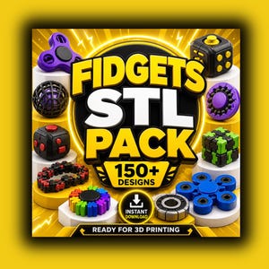 May include: An image featuring a variety of fidget toys, such as spinners and cubes, in various colours. The text reads "FIDGETS STL PACK" with "150+ DESIGNS" and "READY FOR 3D PRINTING". The design is set against a yellow background with lightning bolt accents.