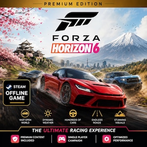 May include: Forza Horizon 6 Premium Edition video game cover art featuring a red sports car, a blue truck, and a black car driving on a road. The background displays a mountain, a city skyline, and cherry blossoms. Text includes Steam Offline Game.