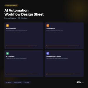 May include: A dark blue digital design sheet titled "AI Automation Workflow Design Sheet." It includes sections for process mapping, scoring matrix, ROI calculator, and implementation timeline. The sheet is labeled "Tool-Agnostic," "Instant Download," and "Print-Ready."